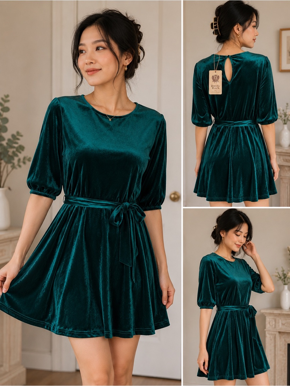 Rustic Rack Emerald Green Velvet Waist Tie Mini Dress Size Small NWT